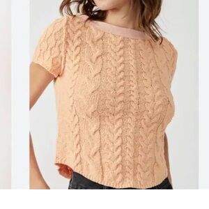 Free People Peach Cable Knit Short Sleeve Crop Top
